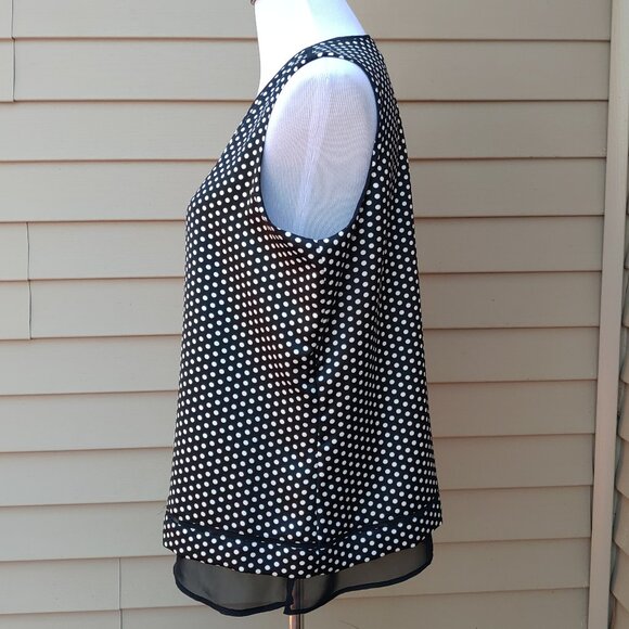 Calvin Klein Black Polka-Dot Shell Blouse Sleeveless Chiffon Trim Satin - Picture 6 of 14